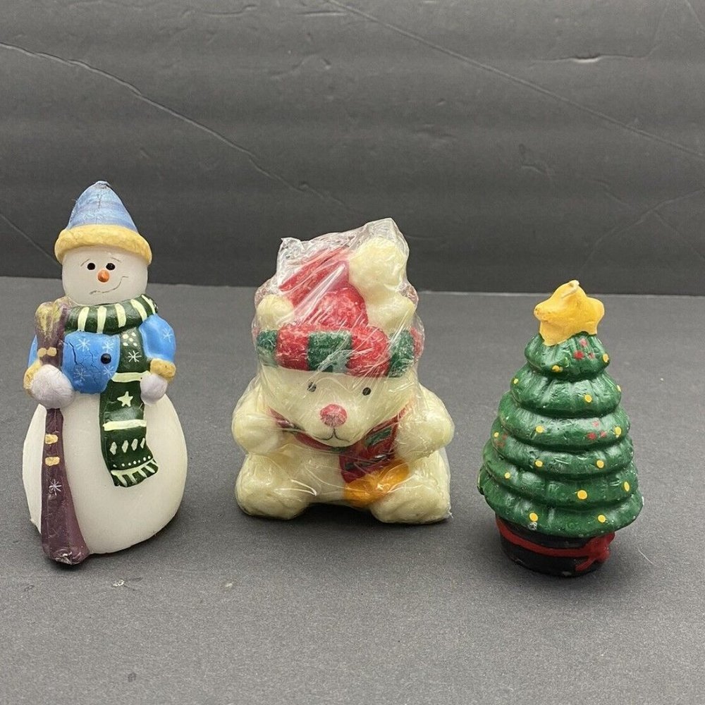 VTG Y2K Christmas Candle Lot Of 3 Snowman Bear‎ Tree Holiday Winter Collectible